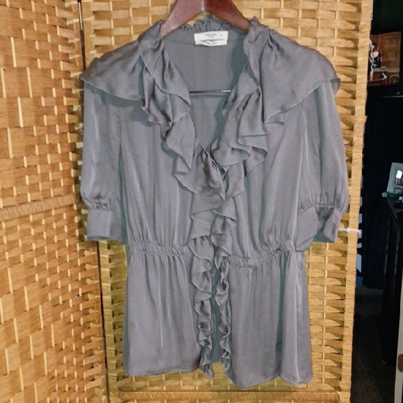 Prada Tops - Prada Taupe Ruffle-Front Short Sleeve Blouse